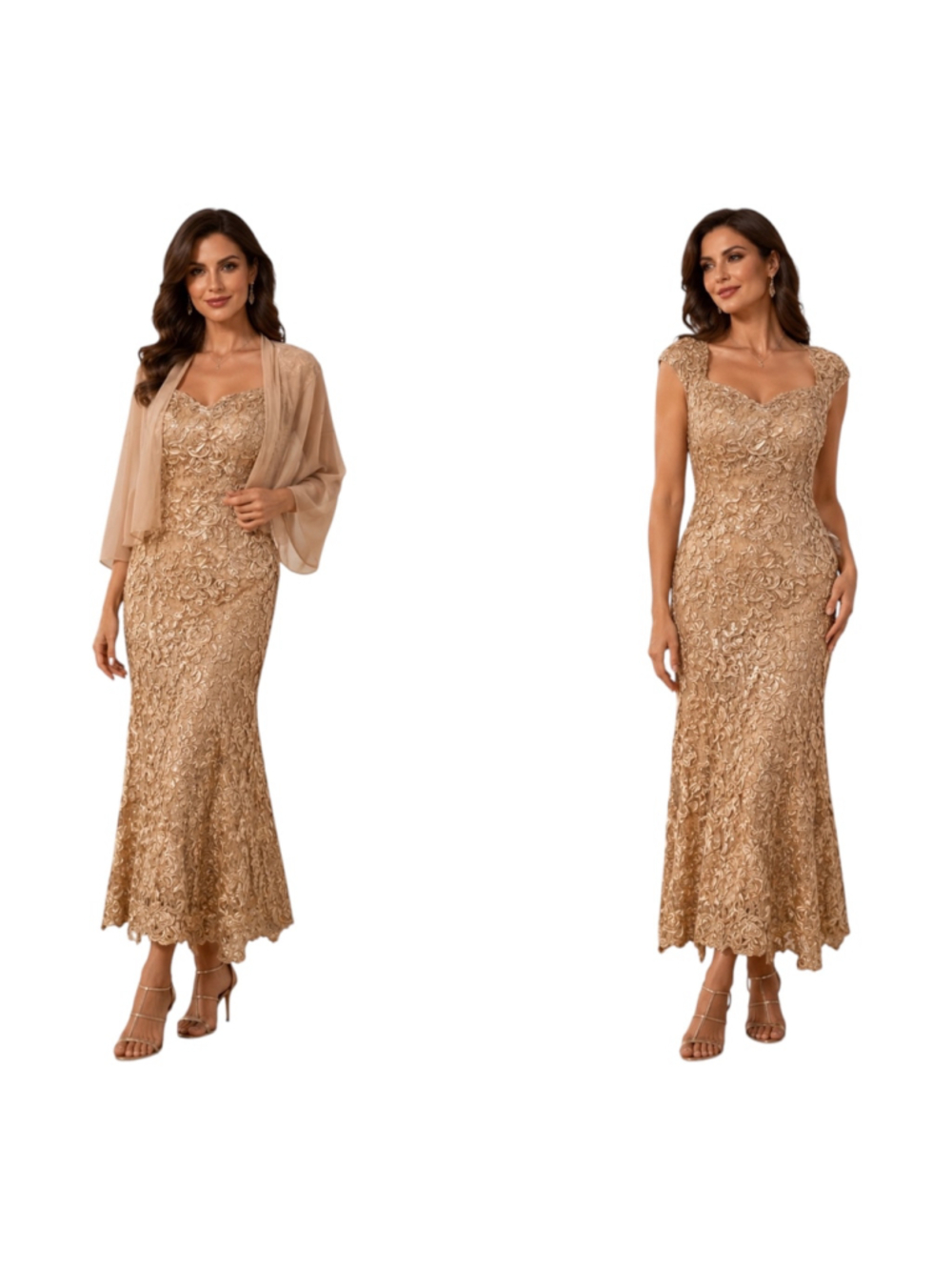 Alex Evenings Petite Champagne Beaded Lace Evening Dress & Sheer Jacket 2-Piece